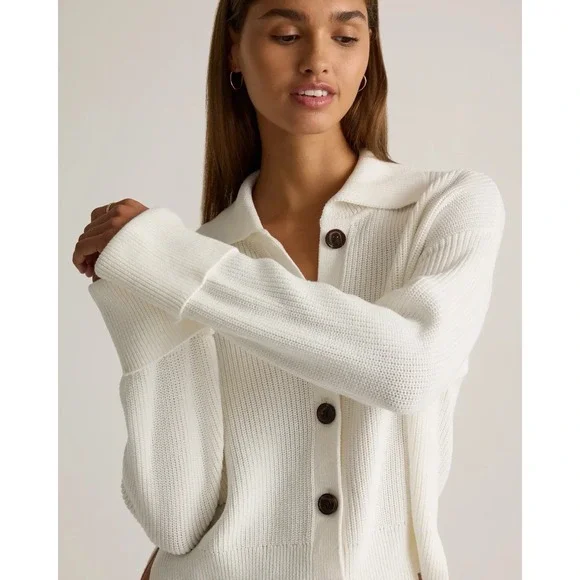 Quince 100% Organic Cotton Fisherman Collared Cardigan Sweater Ivory SMALL - Picture 7 of 16